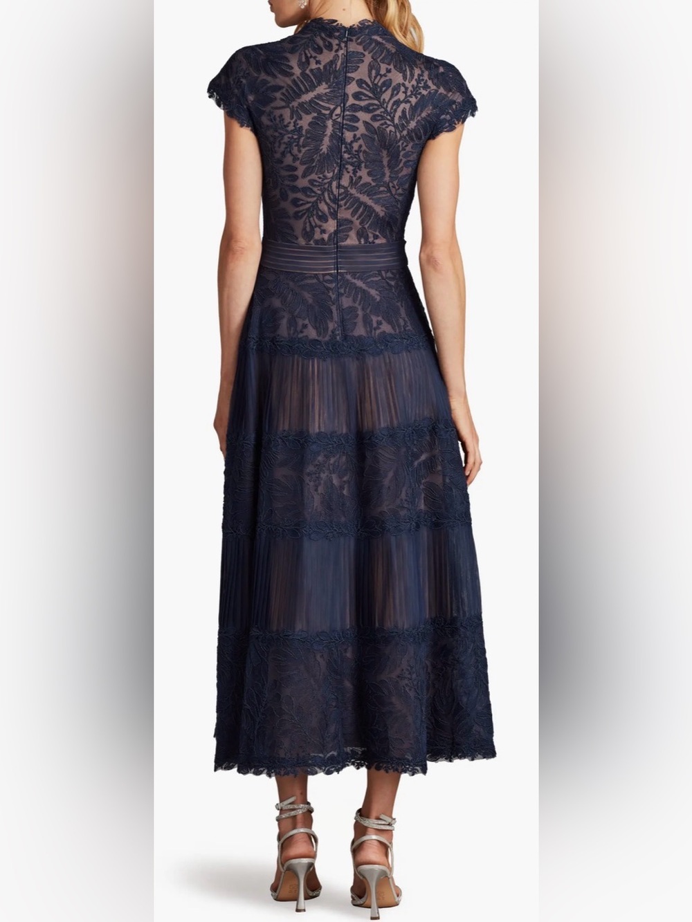 NEW Tadashi Shoji Pintuck Pleat Embroidery Detail Cocktail Midi navy nude Dress - Picture 2 of 11